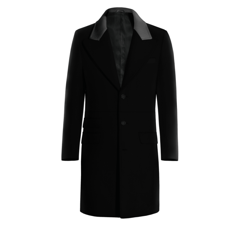 Black Long Peak Lapel Overcoat with contrasted Collar