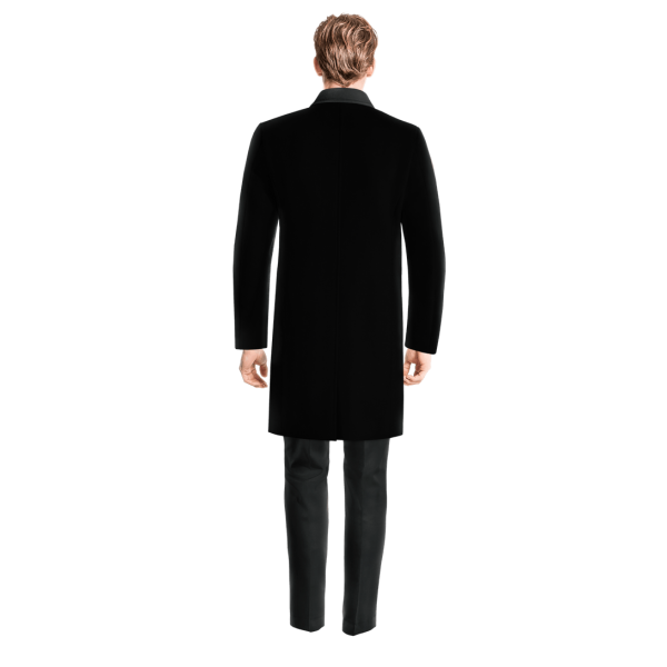 Black Long Peak Lapel Overcoat with contrasted Collar