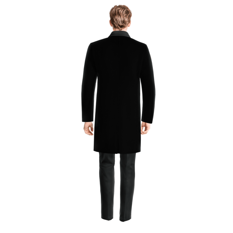 Black Long Peak Lapel Overcoat with contrasted Collar