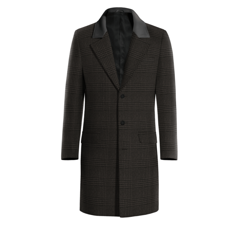 Checkered grey Long Overcoat with contrasted Collar