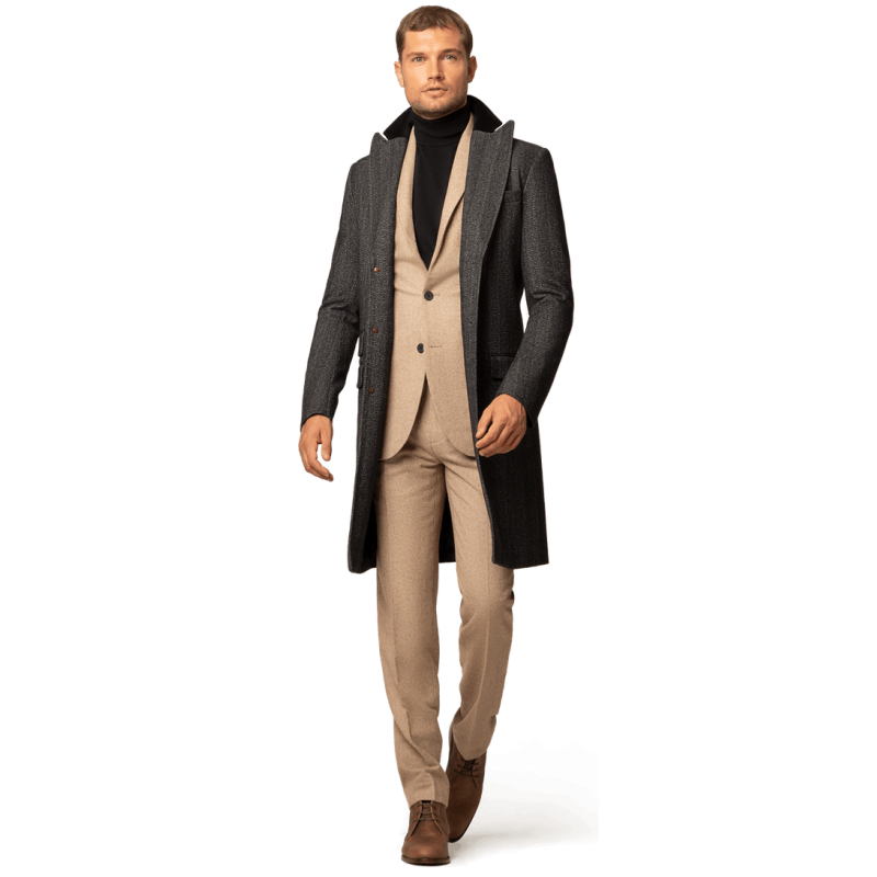 Grey Long Peak Lapel Overcoat with contrasted Collar