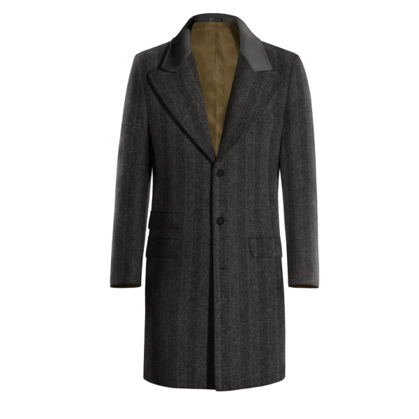 Grey Long Peak Lapel Overcoat with contrasted Collar