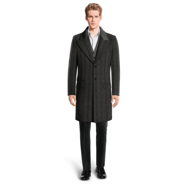 Grey Long Peak Lapel Overcoat with contrasted Collar