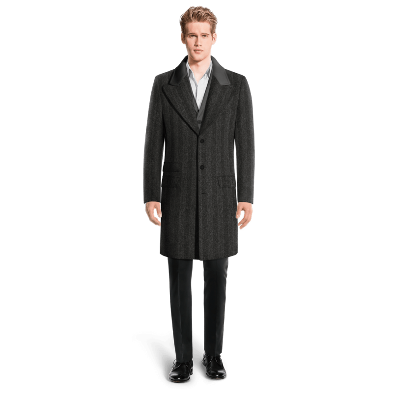 Grey Long Peak Lapel Overcoat with contrasted Collar