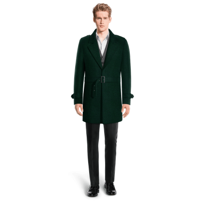 Green Short Belted Wool Trench Coat with epaulettes