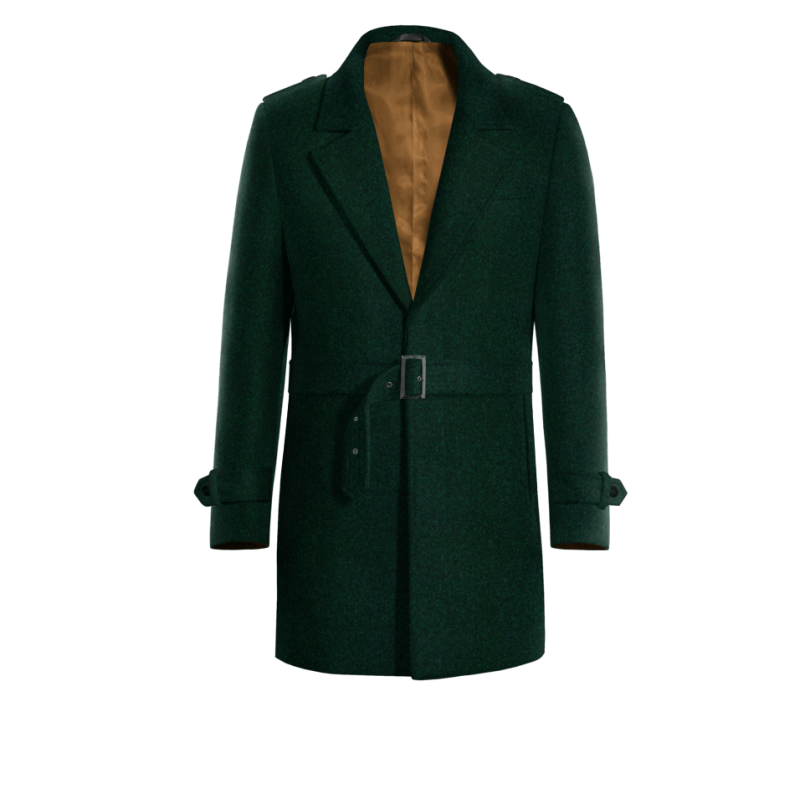 Green Short Belted Wool Trench Coat with epaulettes