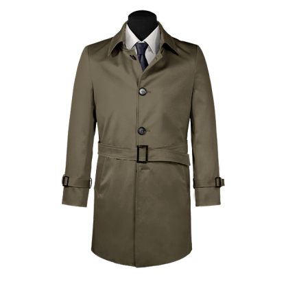 Green belted single-breasted long trench coat