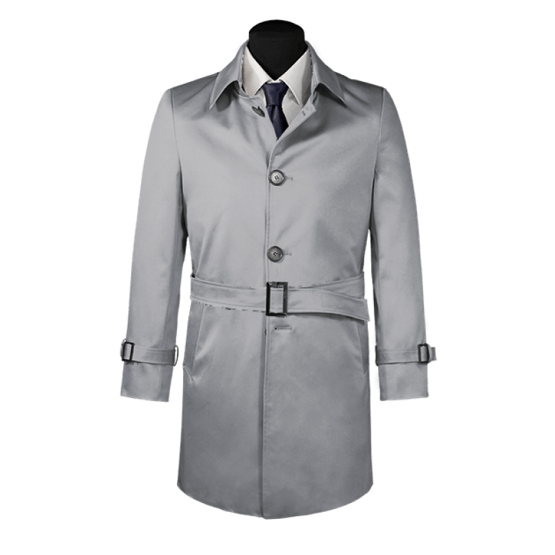 Grey belted single-breasted mac coat