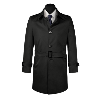 Black belted single-breasted long trench coat