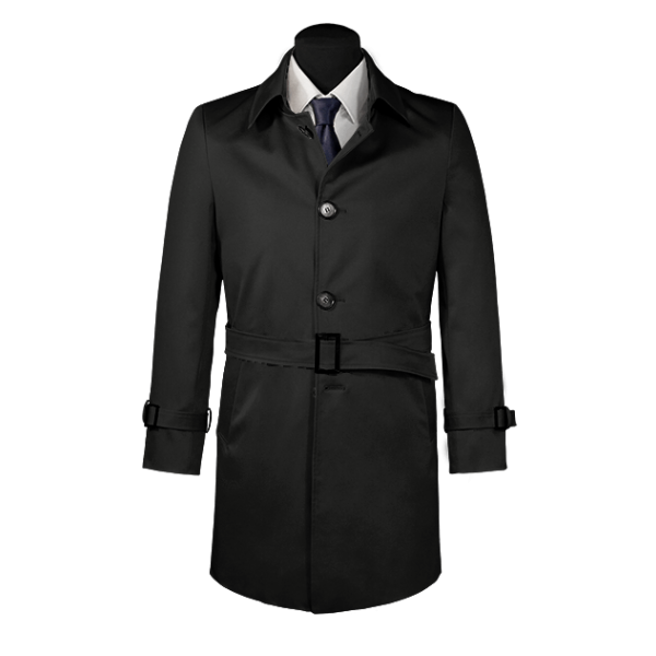 Black belted single-breasted long trench coat