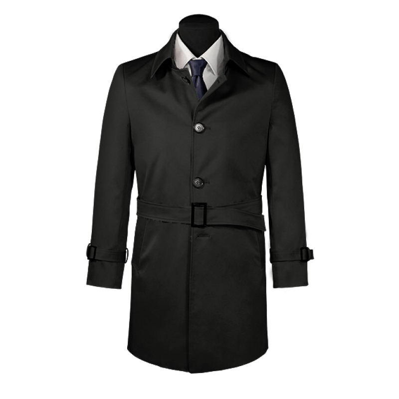 Black belted single-breasted long trench coat