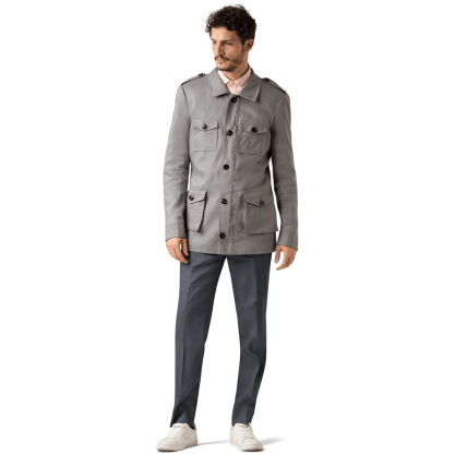 Collared grey linen military jacket with epaulettes