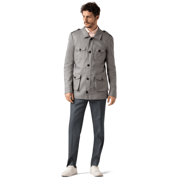 Collared grey linen military jacket with epaulettes