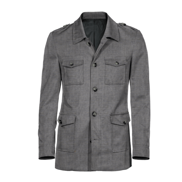 Collared grey linen military jacket with epaulettes