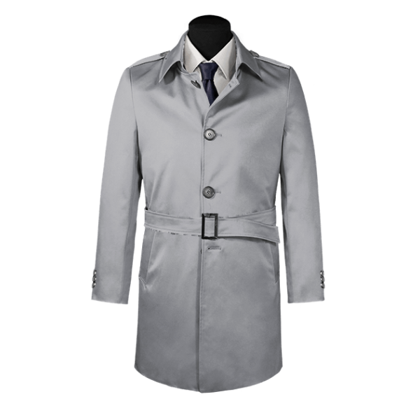 Grey belted single-breasted mac coat with epaulettes