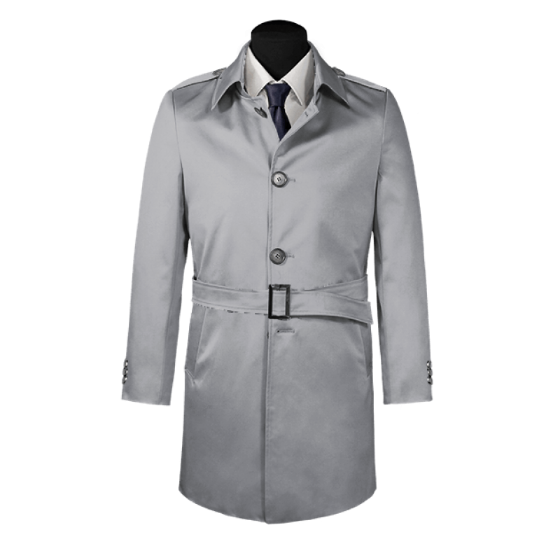 Grey belted single-breasted mac coat with epaulettes