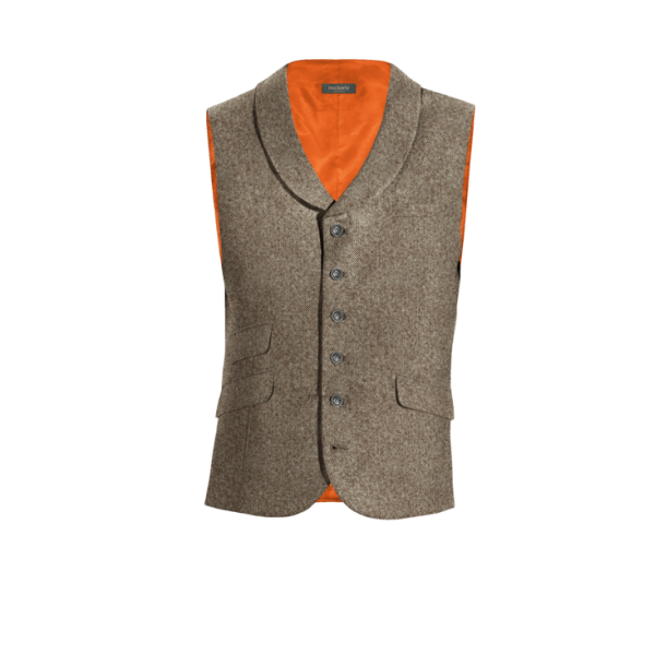 Light Brown rustic Tweed shawl lapel Vest with brass buttons