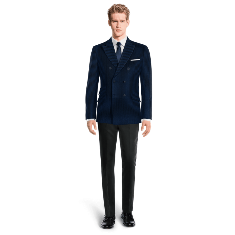 Blue seersucker double breasted peak lapel Suit Jacket with pocket square