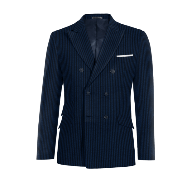 Blue seersucker double breasted peak lapel Suit Jacket with pocket square