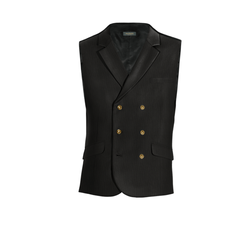 Black Wool Blends lapeled double-breasted Dress Vest with brass buttons