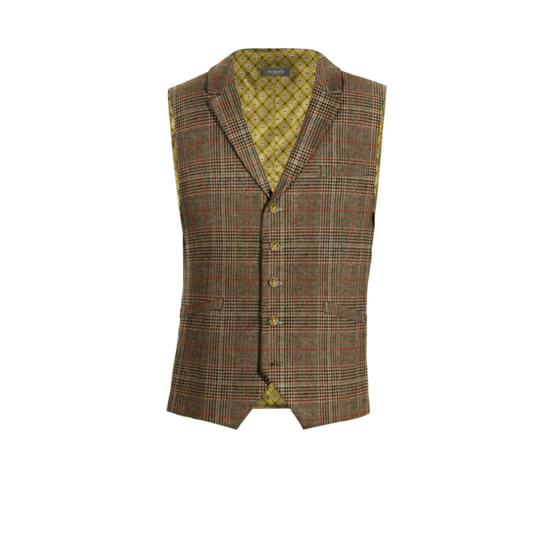 Brown Checkered Tweed lapeled Suit Vest with brass buttons