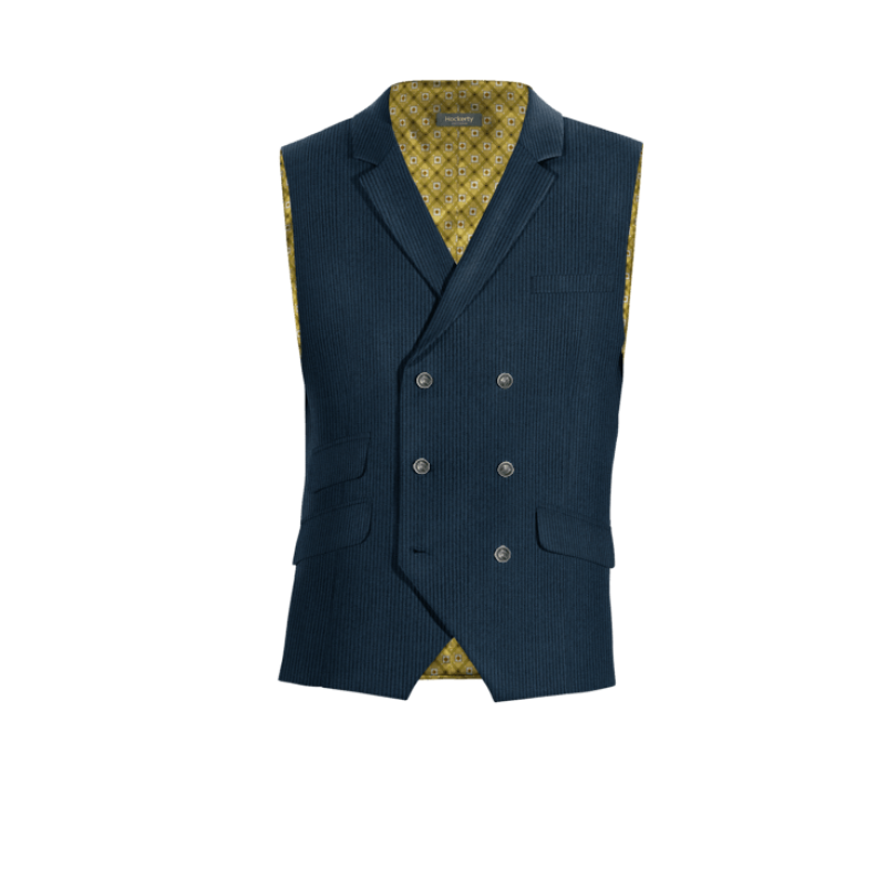 Blue Corduroy lapeled double breasted Vest with brass buttons