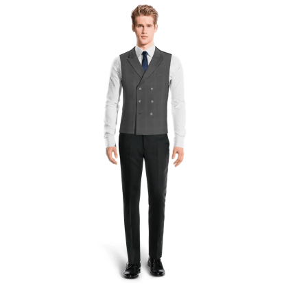 Grey pure wool peak lapel double breasted Vest with brass buttons