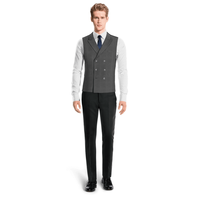 Grey pure wool peak lapel double breasted Vest with brass buttons