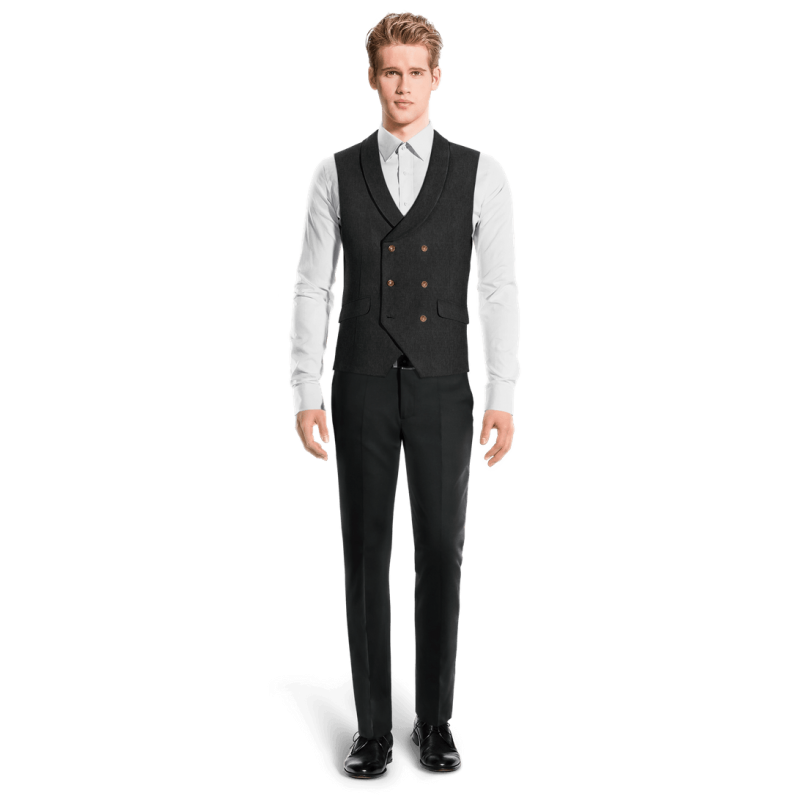 Black linen rounded lapel double breasted Vest with brass buttons