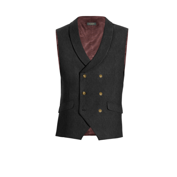 Black linen rounded lapel double breasted Vest with brass buttons
