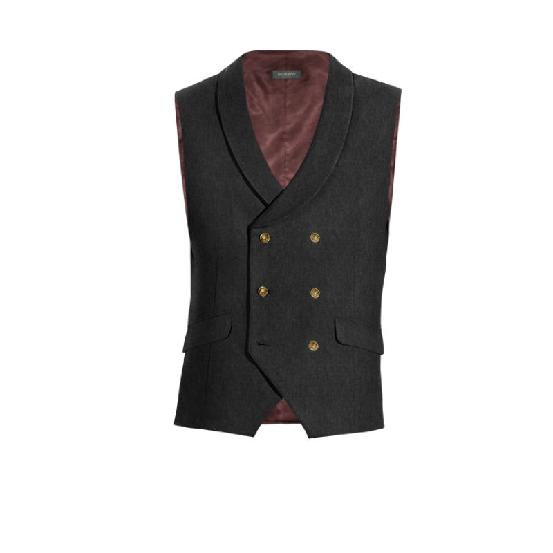 Black linen rounded lapel double breasted Vest with brass buttons