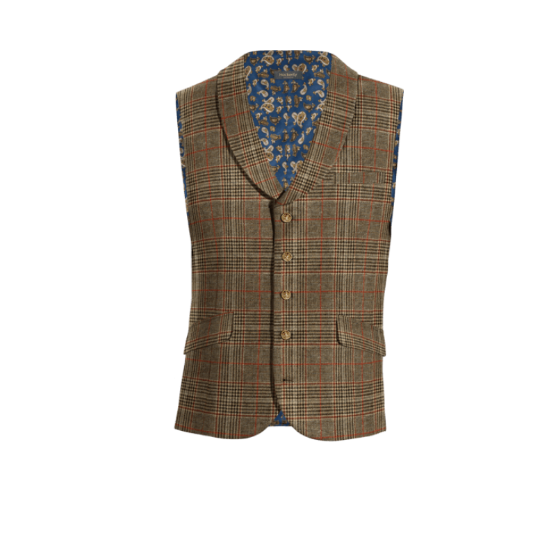 Brown Plaid Tweed shawl lapel Vest with brass buttons