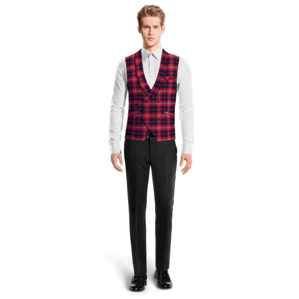 Red Plaid Cotton shawl lapel double-breasted Dress Vest