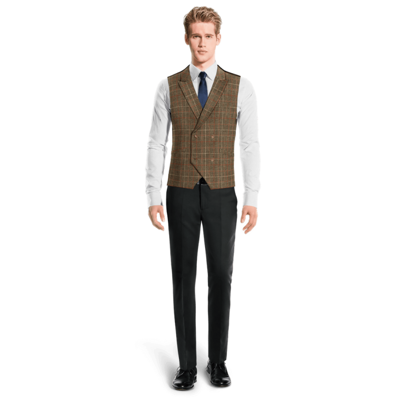 Brown Checkered Tweed peak lapel double-breasted Dress Vest with brass buttons