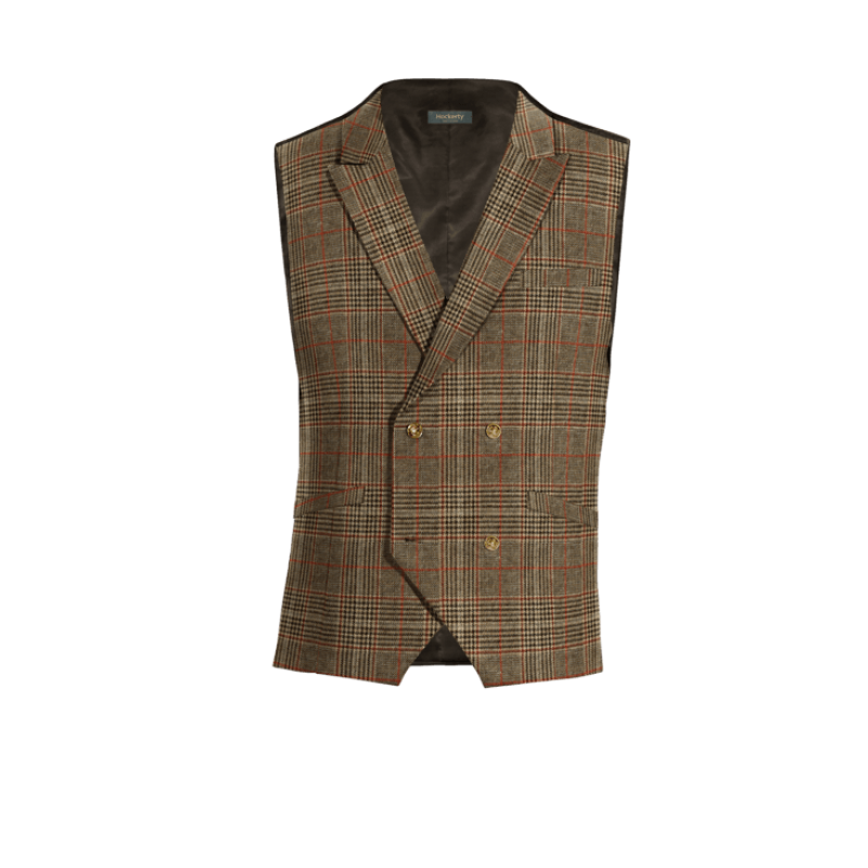 Brown Checkered Tweed peak lapel double-breasted Dress Vest with brass buttons