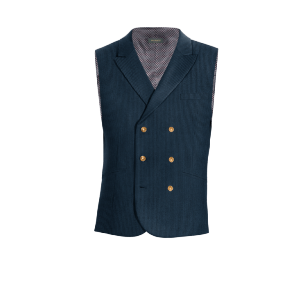 Blue Corduroy peak lapel double-breasted Vest with brass buttons