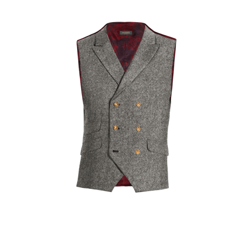Light Grey rustic Tweed peak lapel double breasted Vest with brass buttons