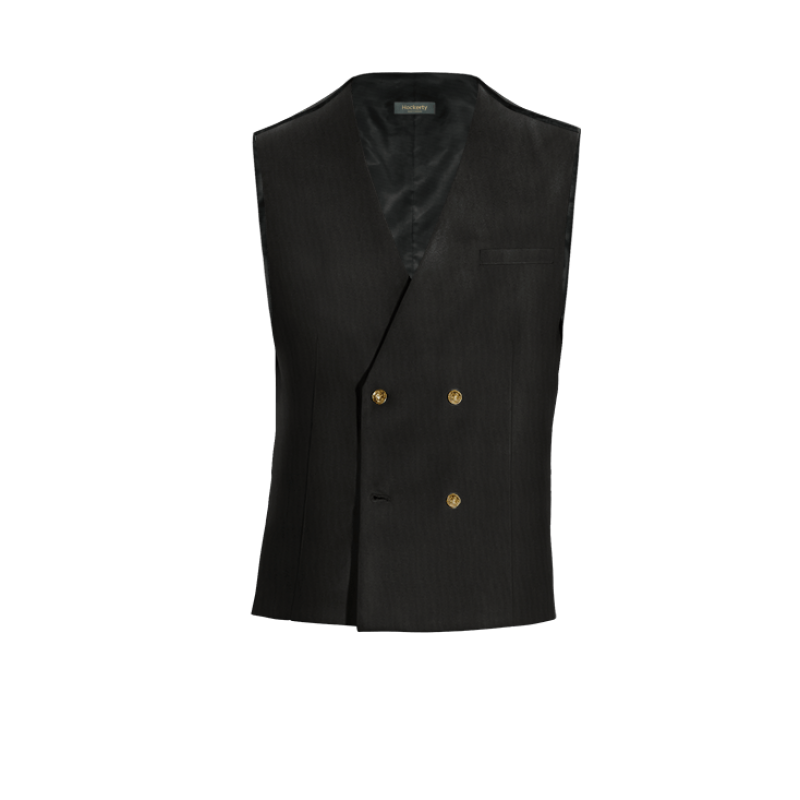 Black Wool Blends double breasted Vest with brass buttons