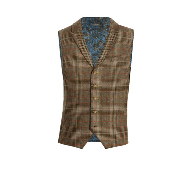 Brown Checked Tweed lapeled Vest with brass buttons