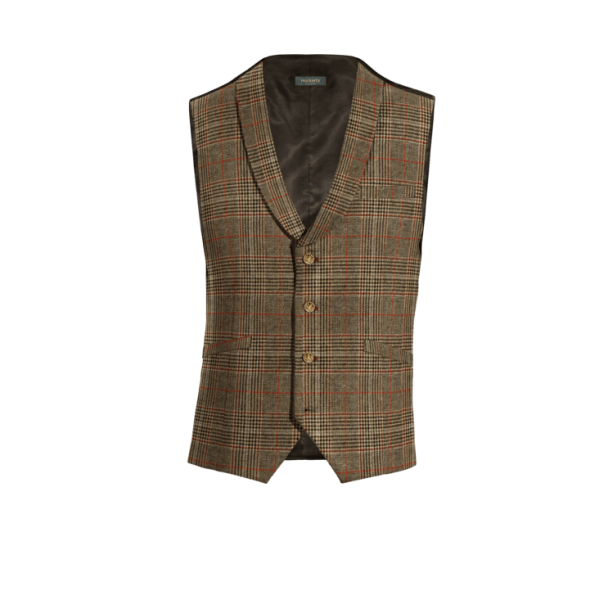 Brown Checkered Tweed rounded lapel Dress Vest with brass buttons