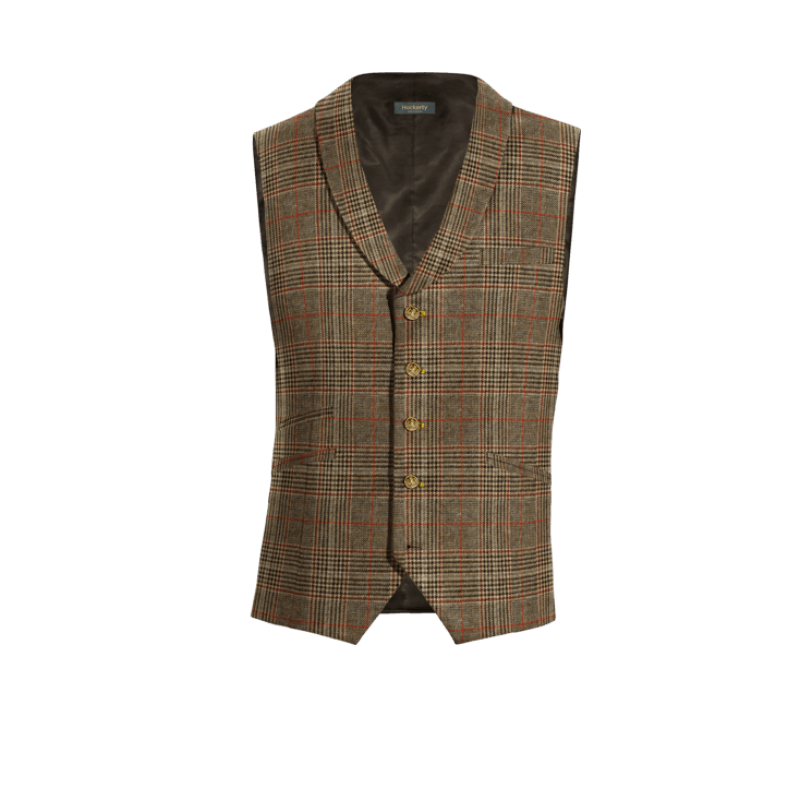 Brown Checkered Tweed rounded lapel Vest with brass buttons