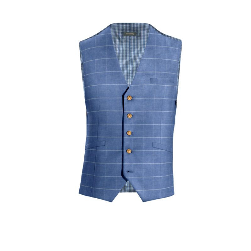 Electric Blue Plaid Linen-cotton Vest with brass buttons