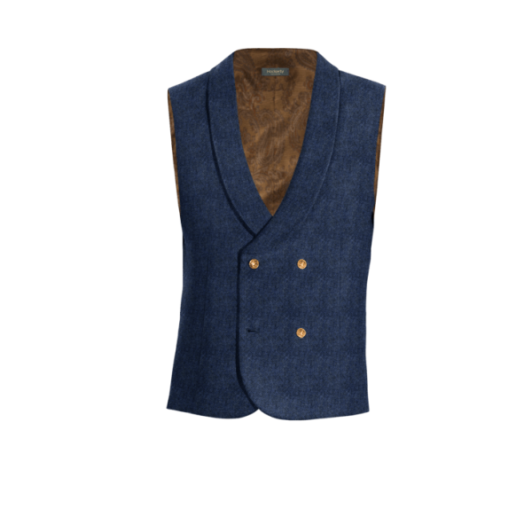 Royal Blue herringbone Tweed rounded lapel double-breasted Dress Vest with brass buttons