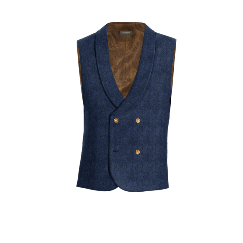 Royal Blue herringbone Tweed rounded lapel double-breasted Dress Vest with brass buttons
