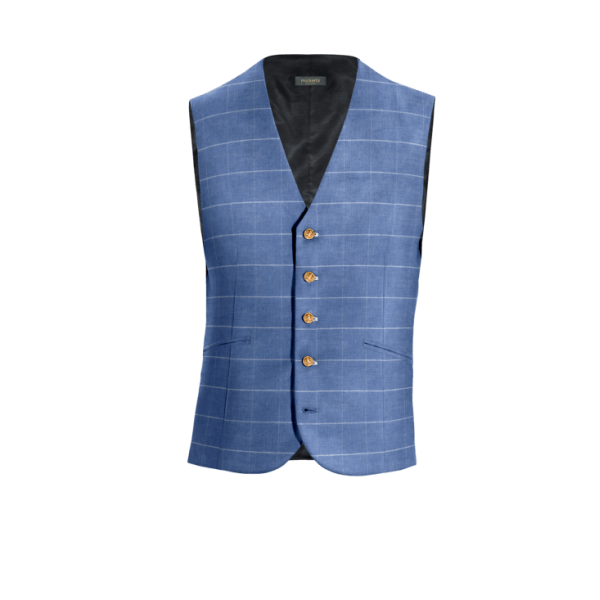 Electric Blue Checked Linen-cotton Vest with brass buttons