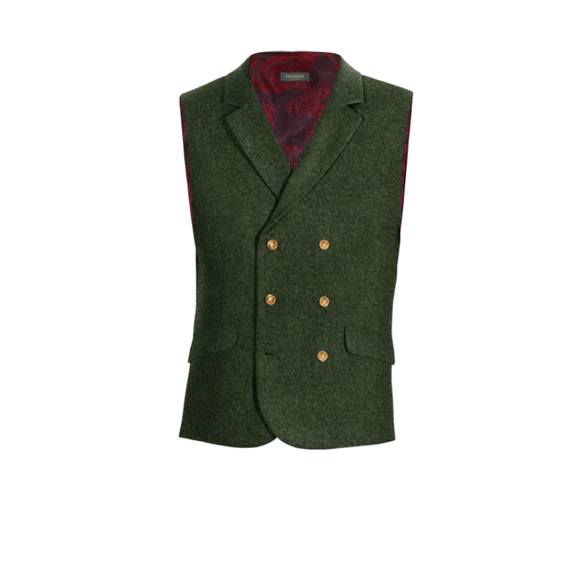 Green Tweed lapeled double-breasted Dress Vest with brass buttons