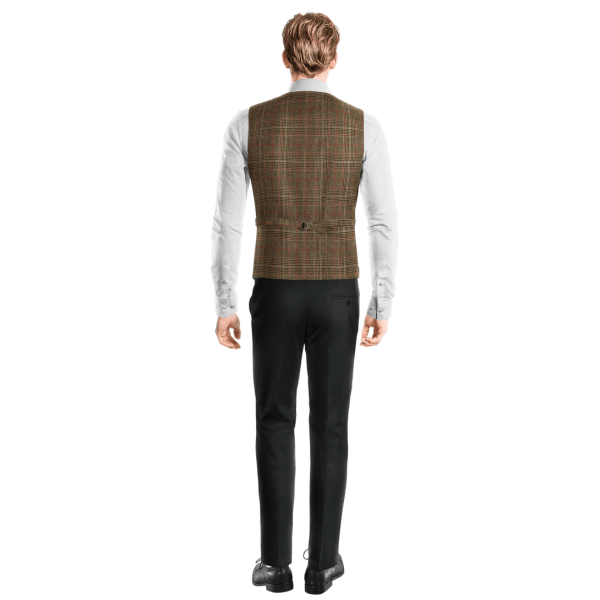 Brown Checked Tweed lapeled double-breasted Vest with brass buttons