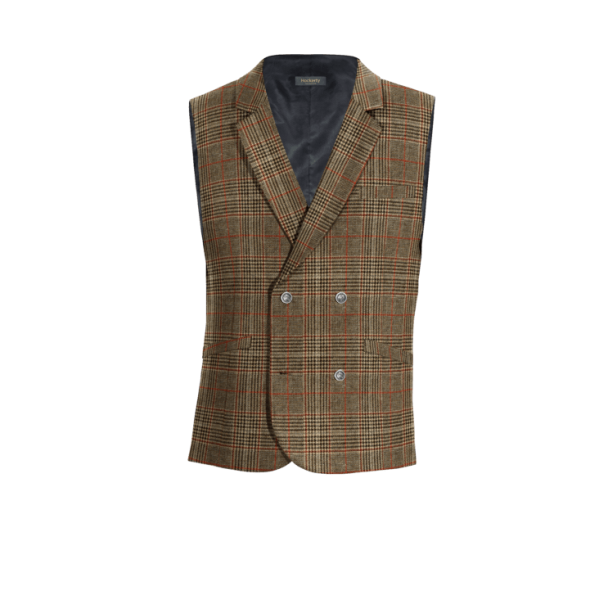 Brown Checked Tweed lapeled double-breasted Vest with brass buttons
