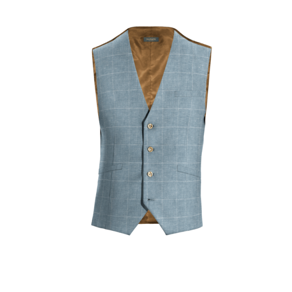 Light Blue Checked Cotton-Linen Vest