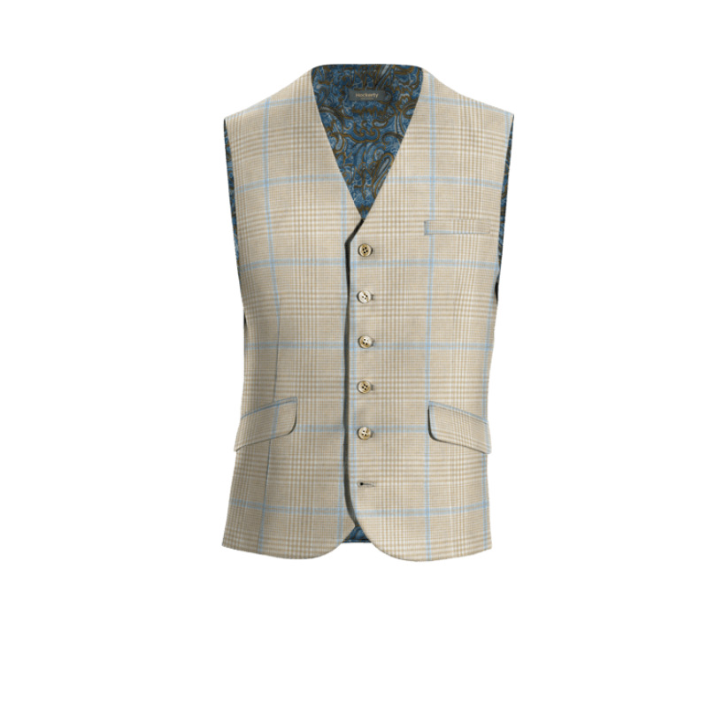 Beige Plaid Cotton-Linen Vest